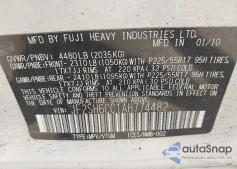 2010 Subaru Forester 2.5X Premium from USA, damaged, VIN JF2SH6CC1AH774482